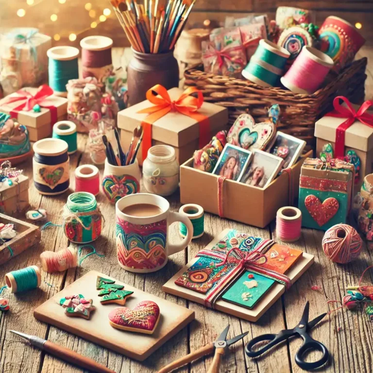 A colorful array of handmade Budget-Friendly DIY Gift Ideas including hand-painted mugs, photo frames, and gift baskets, displayed on a rustic wooden table with crafting tools like scissors, ribbons, and paint brushes.