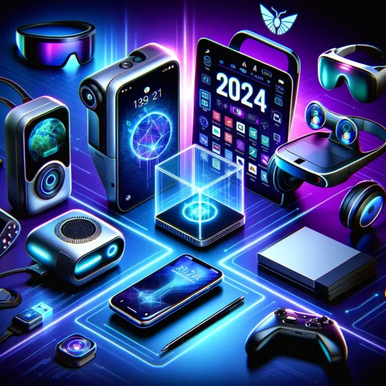 A futuristic display of top tech gadgets for 2024, including AI-powered smart glasses, foldable smartphones, gaming consoles, and sustainable smart home devices against a neon background.