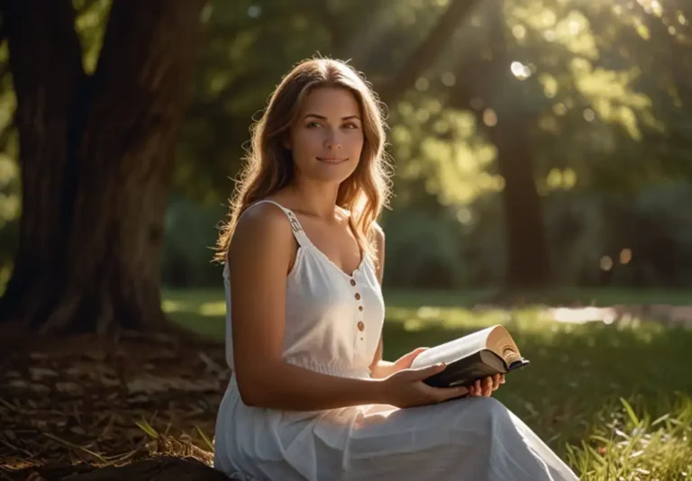 A confident Woman of Substance sitting outdoors in soft sunlight, holding a Bible, symbolizing inner strength and faith.